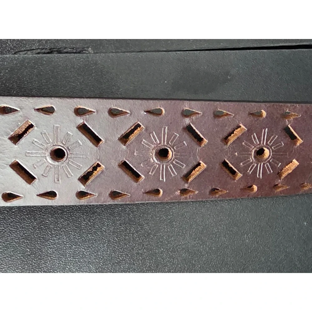 Brown Leather Belt XL Extra Large Cutout Floral Design Round Buckle Women HIppie